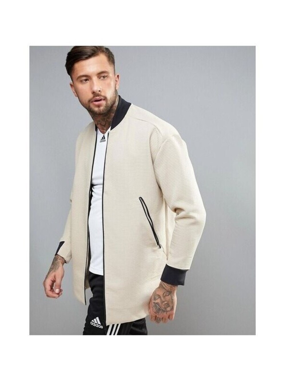 Adidas Men's Beige Long Bomber Jacket with Black Trim
